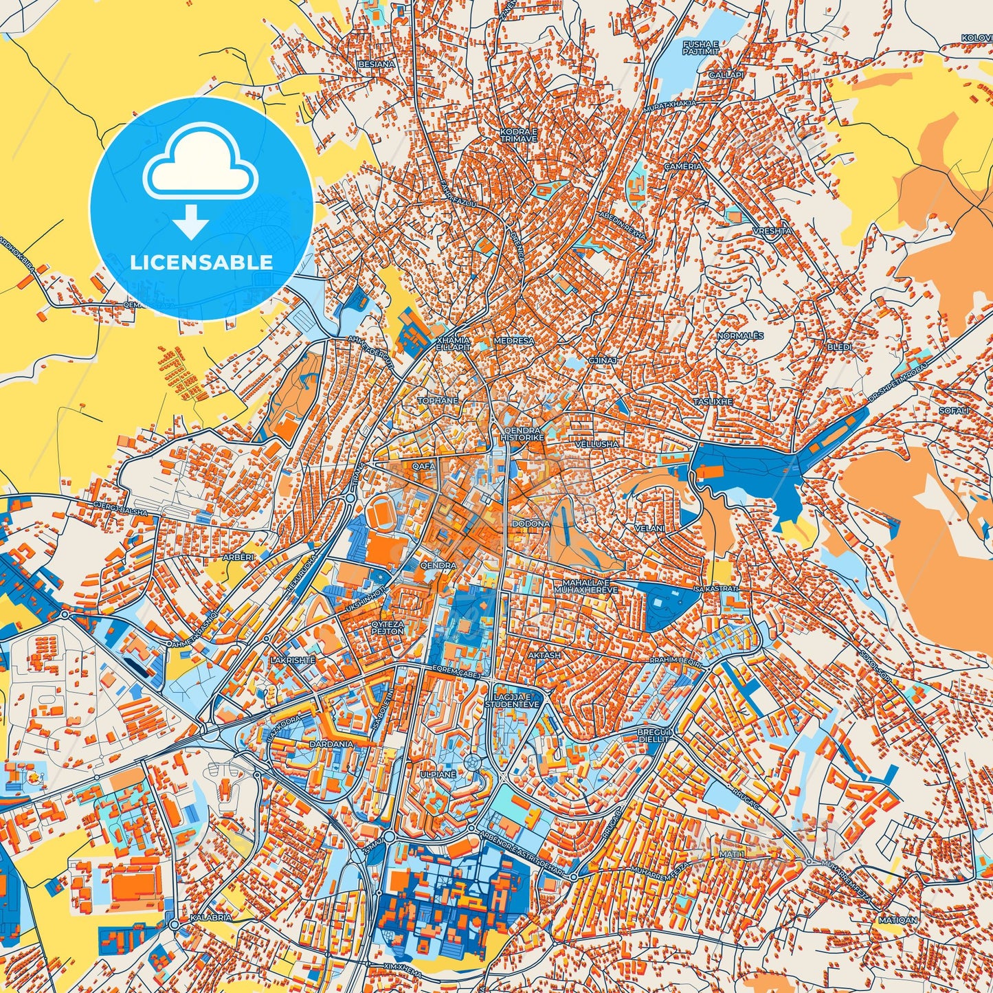 Colorful Prishtinë / Priština Street Map with Labels and Buildings