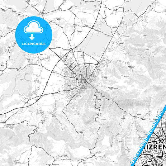 Prizreni / Prizren, Kosovo light map with streetnames, citynames and districts