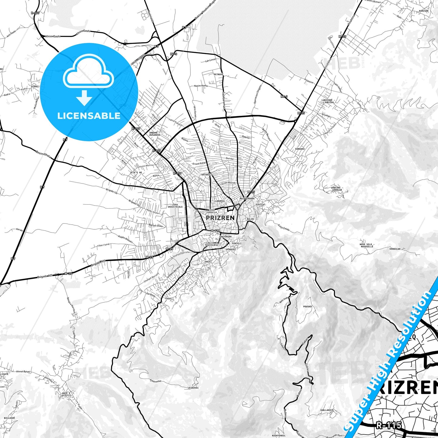 Prizreni / Prizren, Kosovo Light Map with Street Names, City Names, and Districts