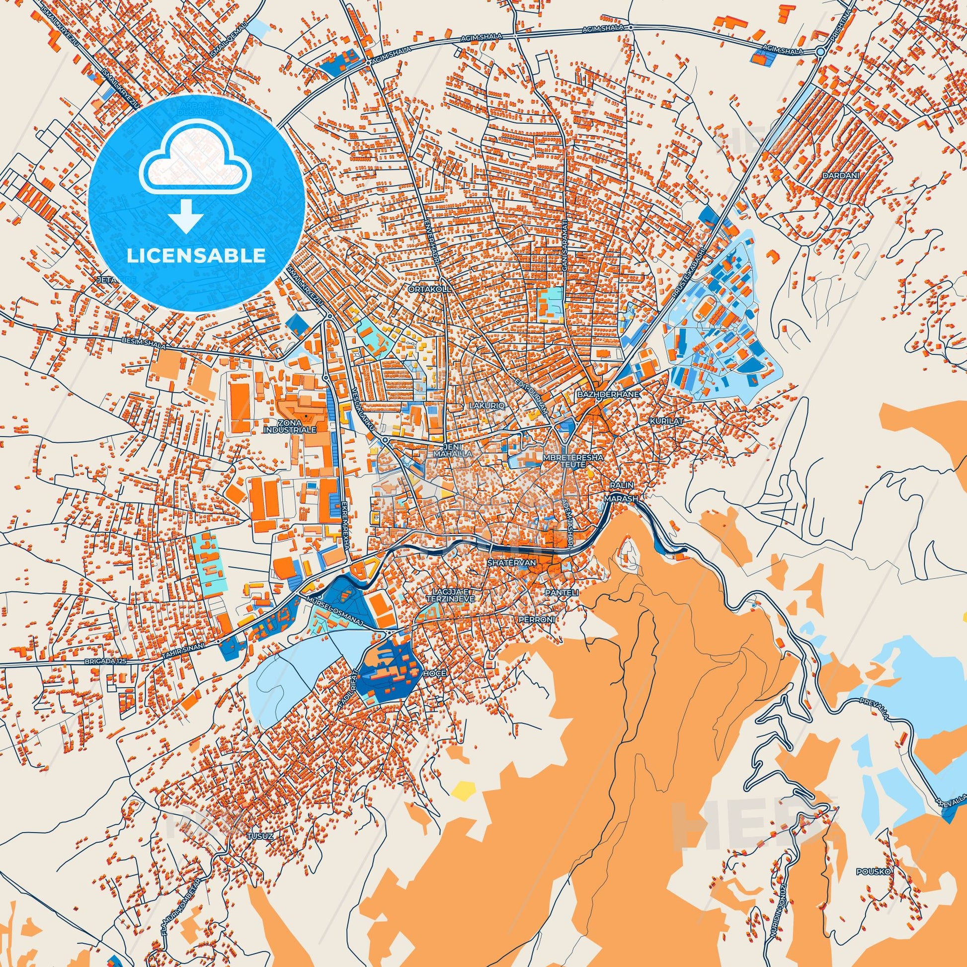 Colorful Prizreni / Prizren Street Map with Labels and Buildings