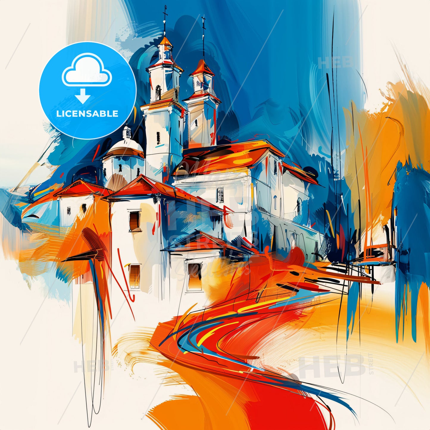 Vibrant Prizreni, Kosovo - A Painting Of A Building With Towers And A Road