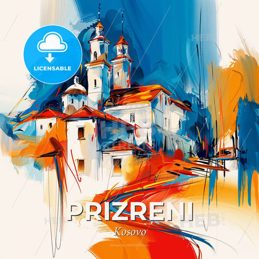 Vibrant Prizreni, Kosovo - A Painting Of A Building With Towers And A Road - Square format print template