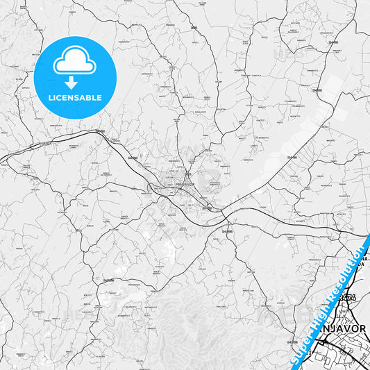 Prnjavor, Bosnia and Herzegovina light map with streetnames, citynames and districts