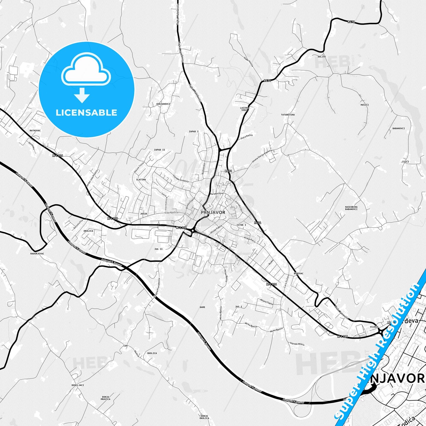 Prnjavor, Bosnia and Herzegovina Light Map with Street Names, City Names, and Districts