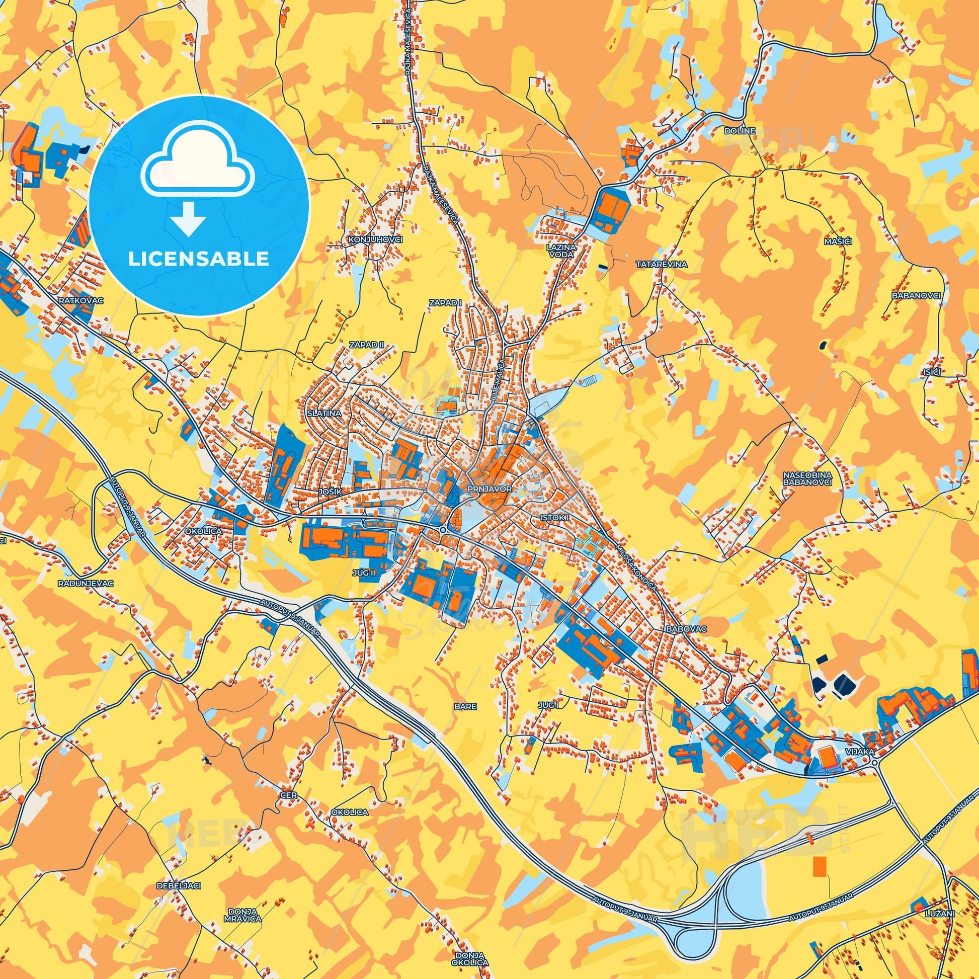 Colorful Prnjavor Street Map with Labels and Buildings