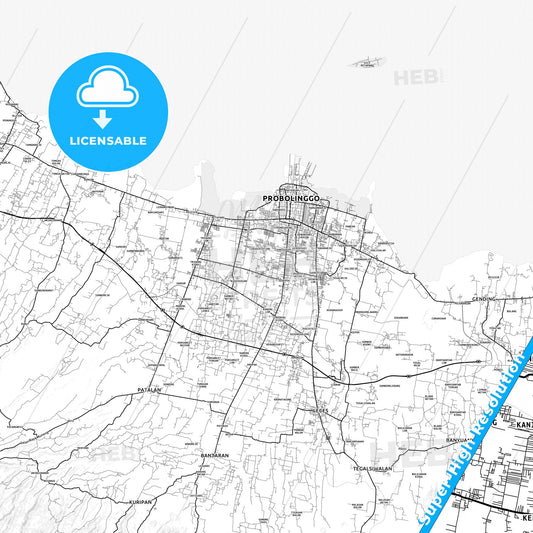 Probolinggo, Indonesia light map with streetnames, citynames and districts