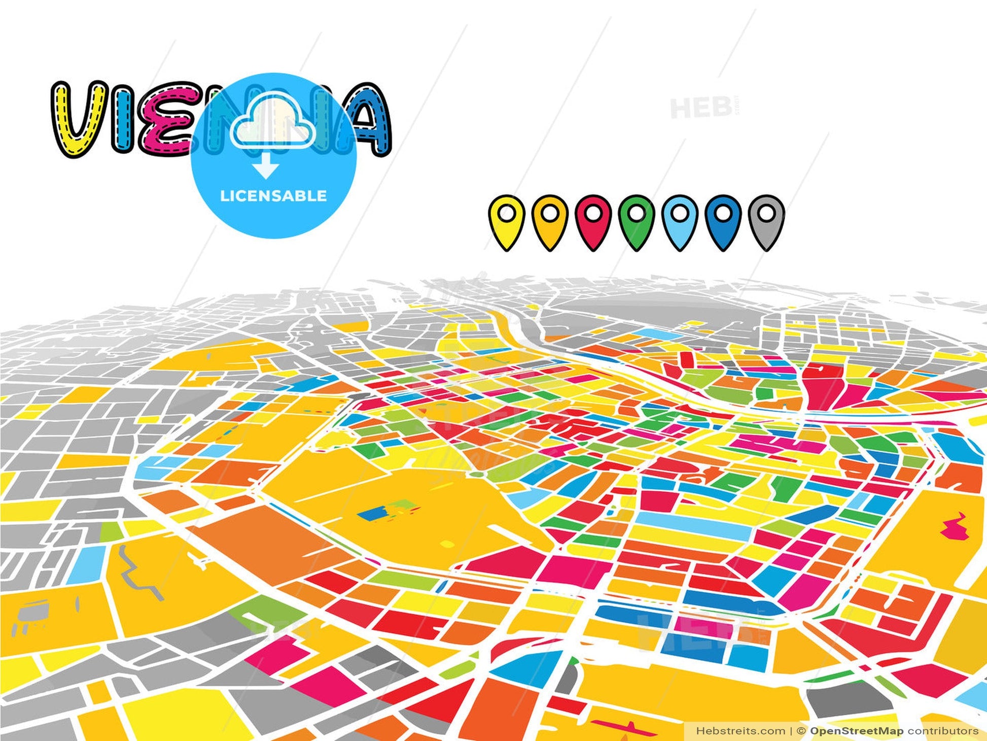 Vienna, Austria, downtown map in perspective