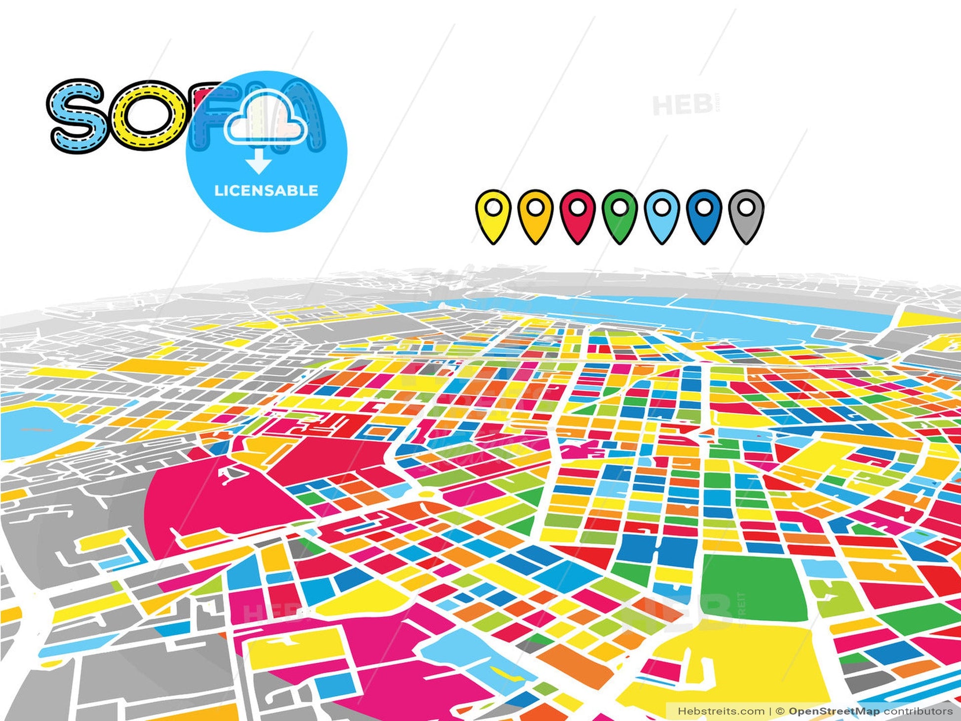 Sofia, Bulgaria, downtown map in perspective