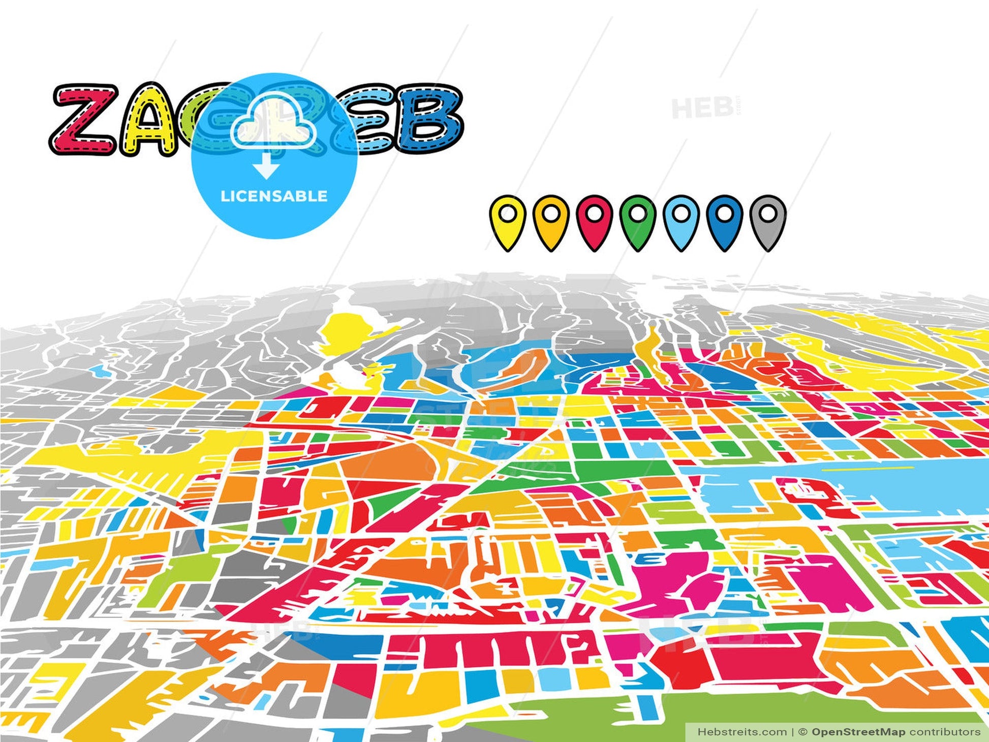 Zagreb, Croatia, downtown map in perspective