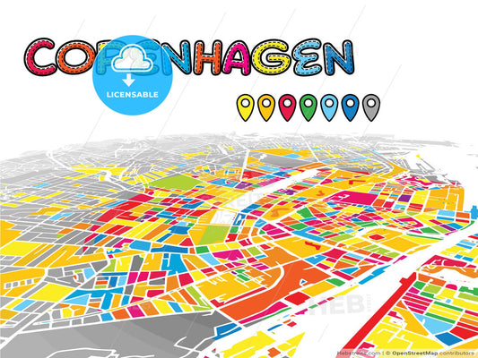 Copenhagen, Denmark, downtown map in perspective