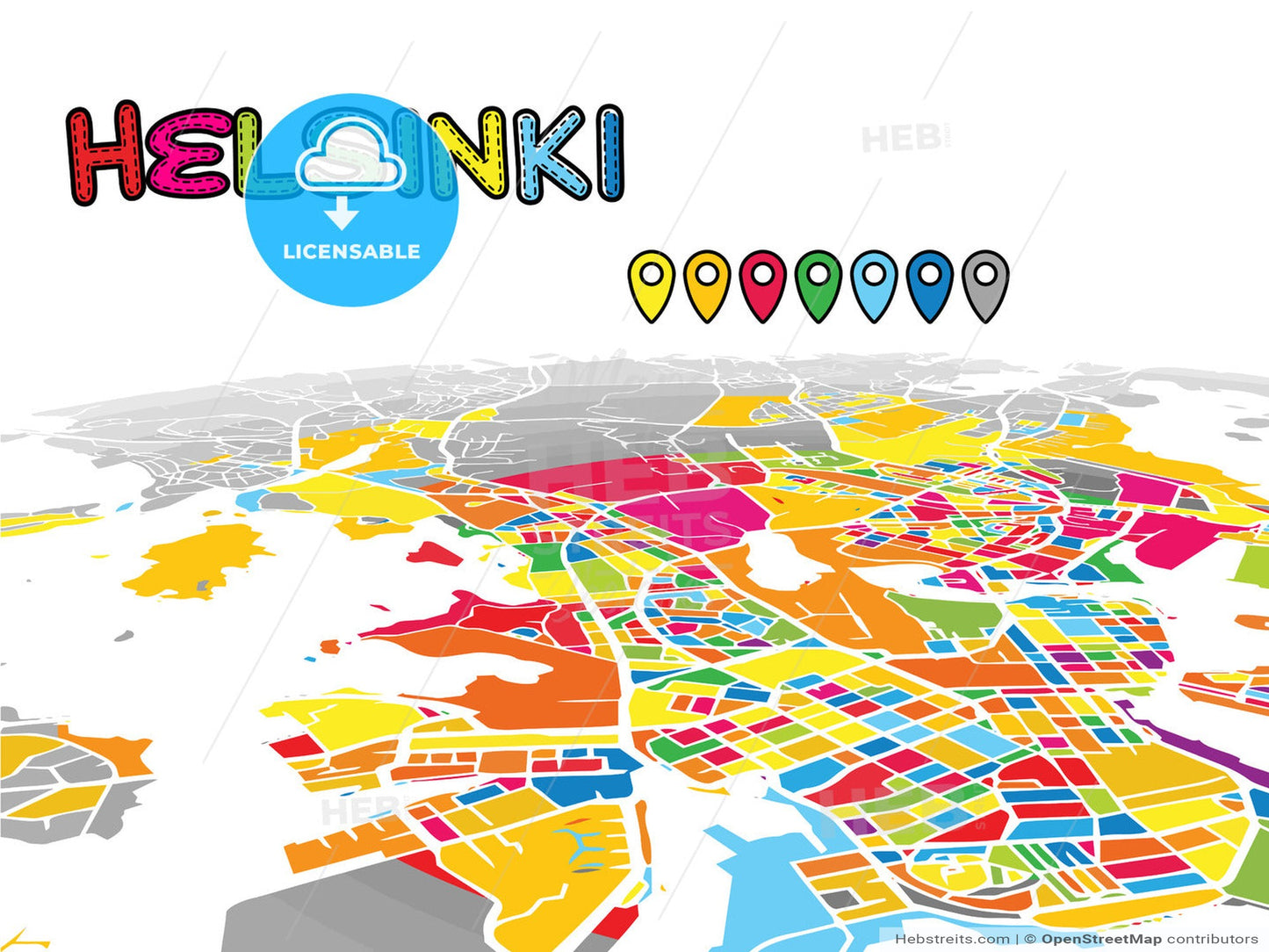 Helsinki, Finland, downtown map in perspective