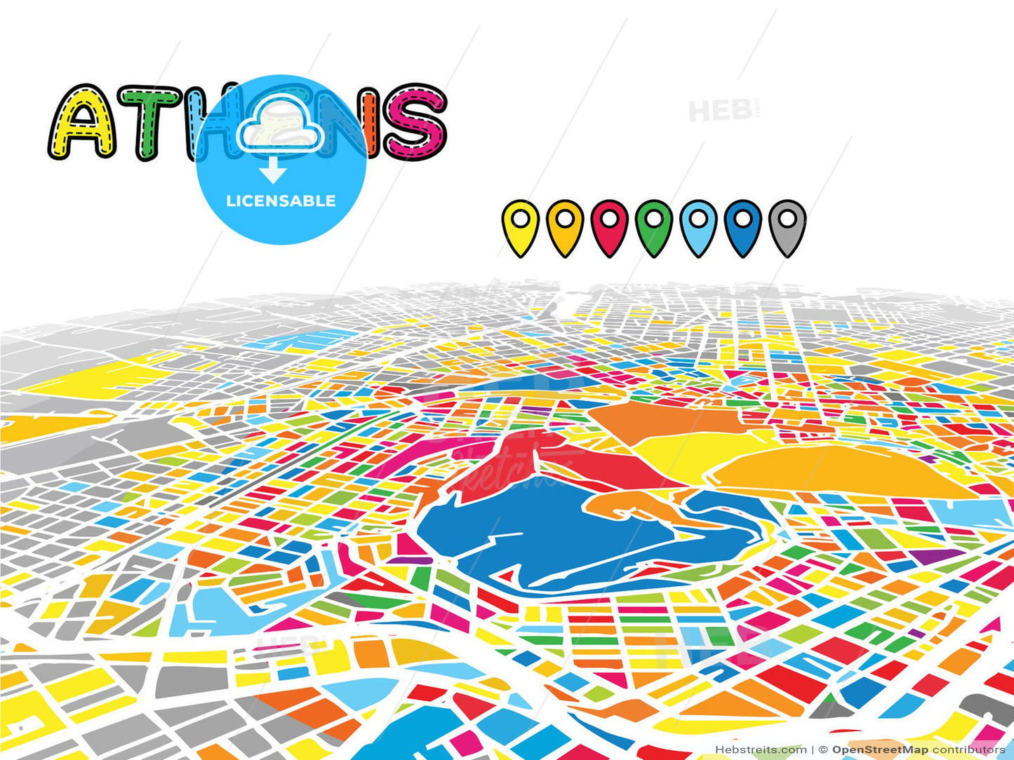 Athens, Greece, downtown map in perspective