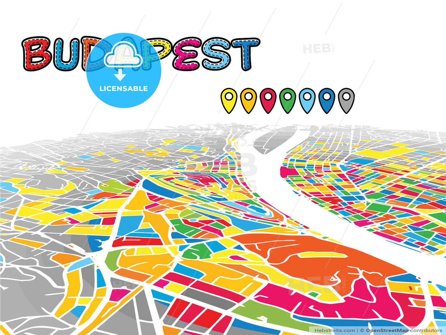 Budapest, Hungary, downtown map in perspective