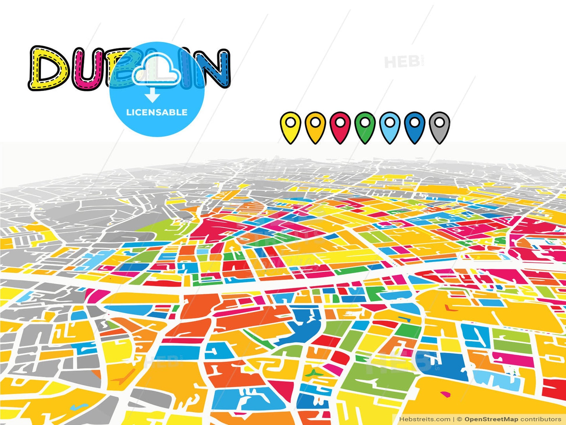 Dublin, Ireland, downtown map in perspective