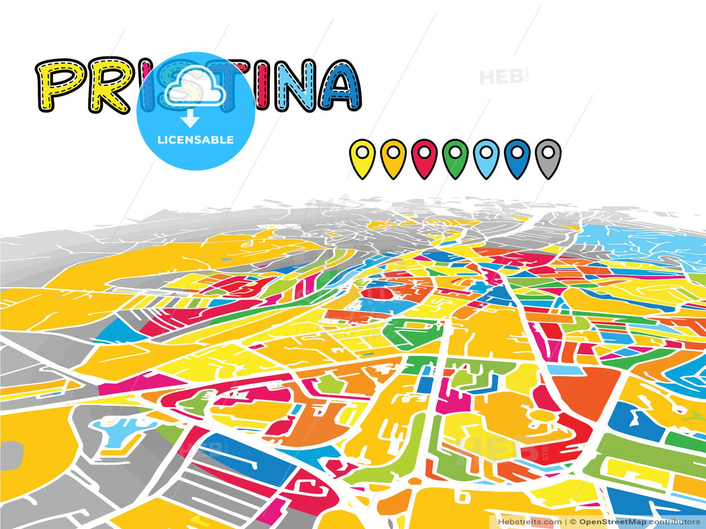 Pristina, Kosovo, downtown map in perspective