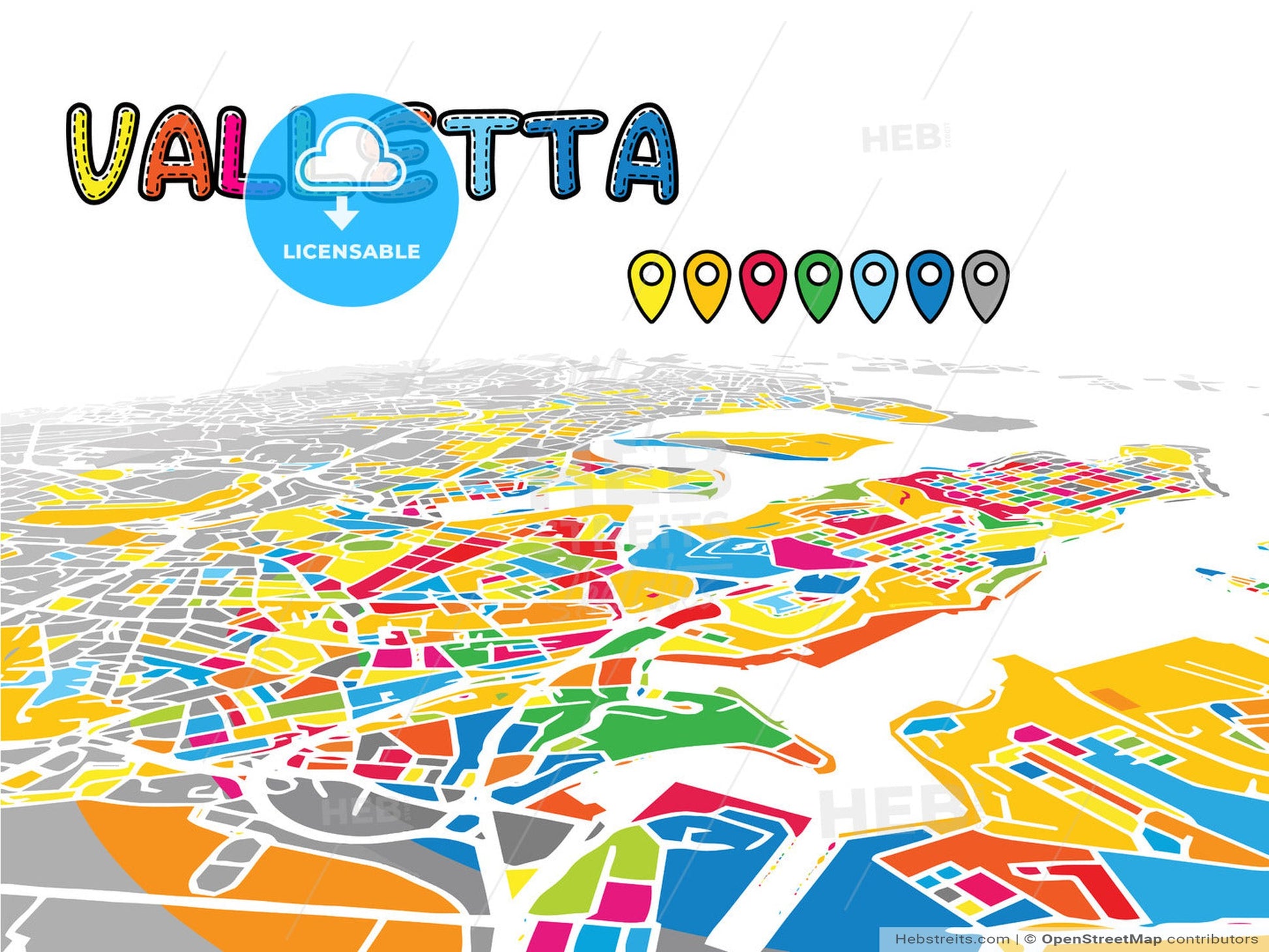 Valletta, Malta, downtown map in perspective
