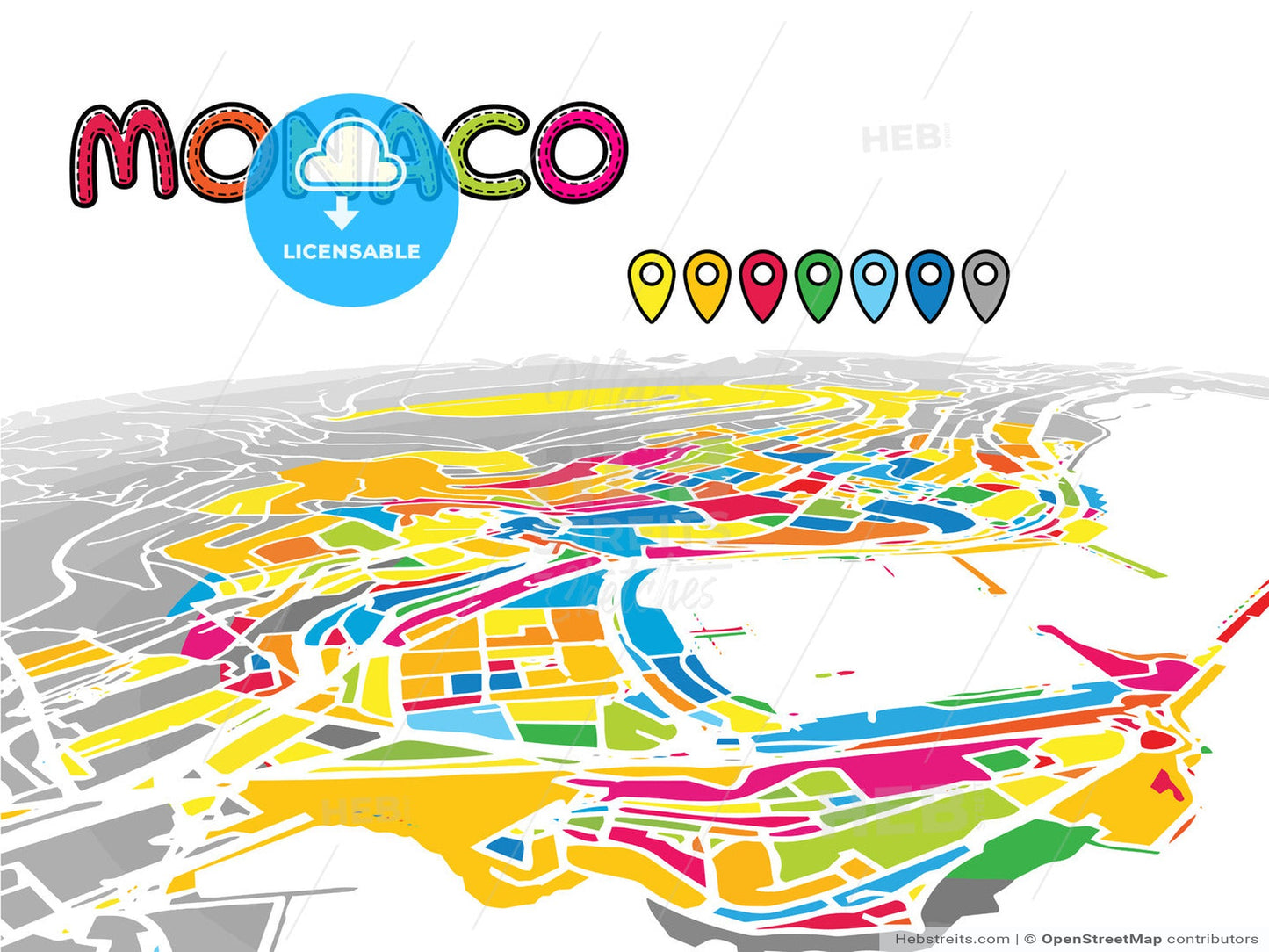 Monaco, Monaco, downtown map in perspective
