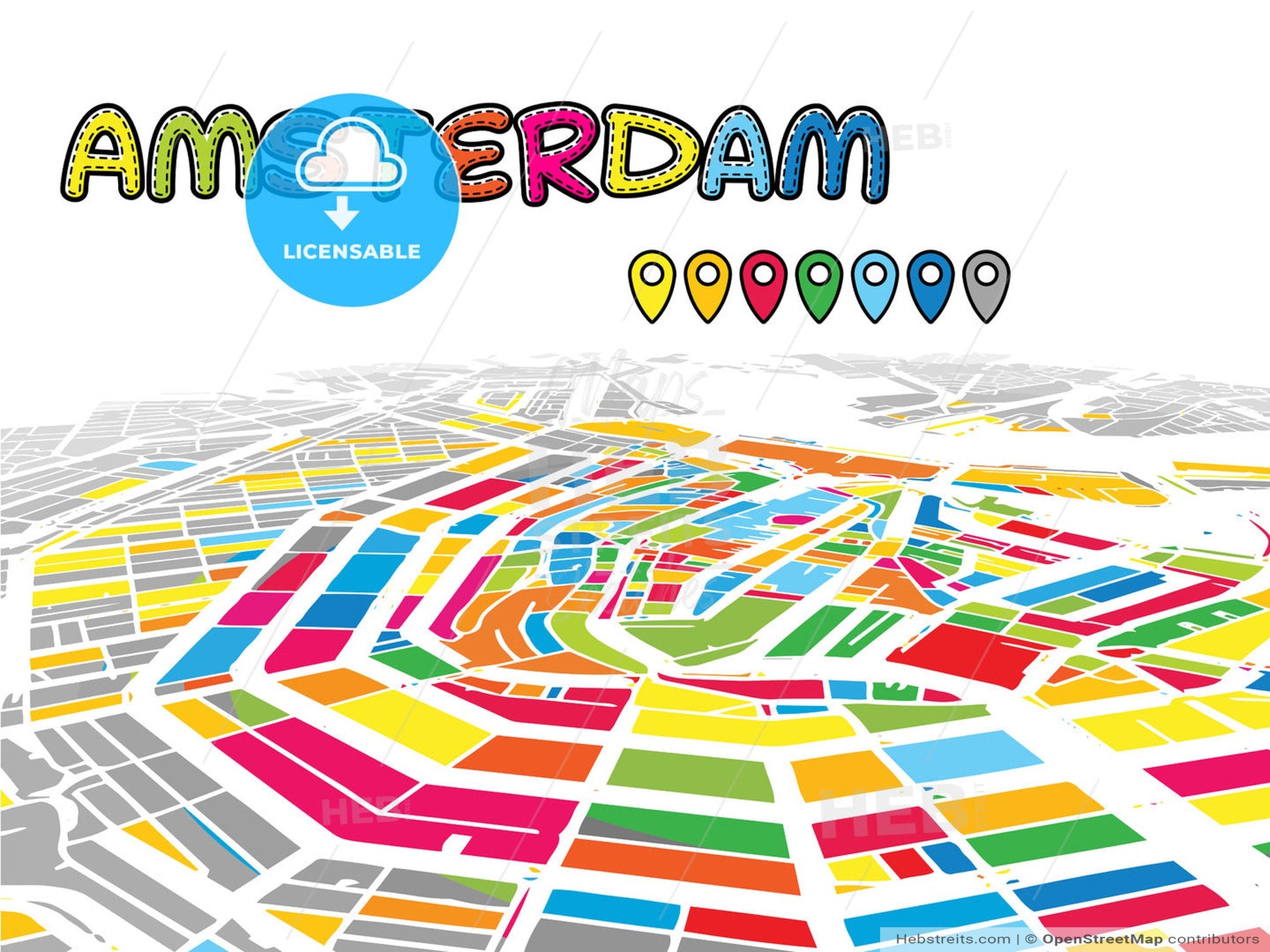 Amsterdam, Netherlands, downtown map in perspective