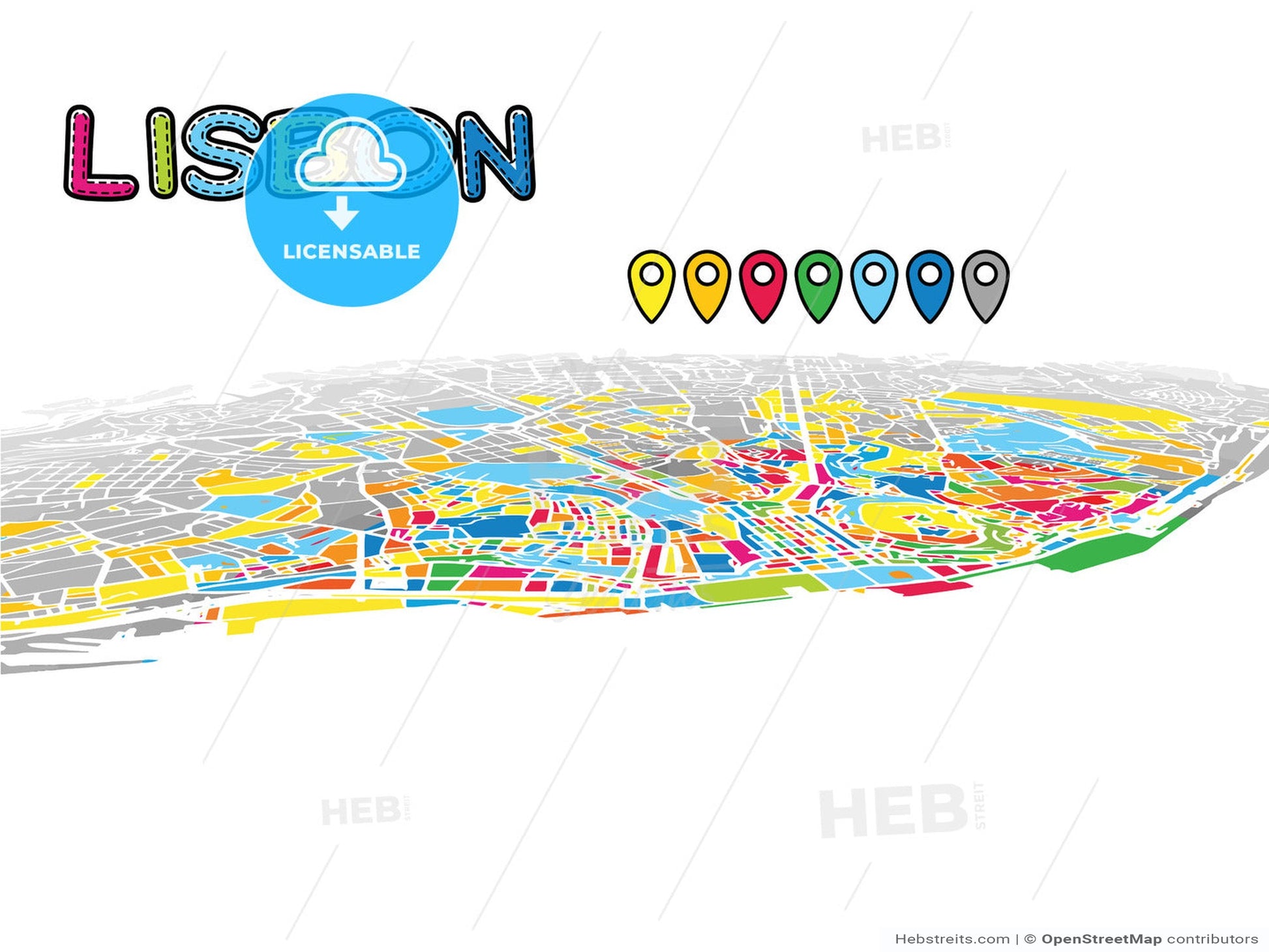 Lisbon, Portugal, downtown map in perspective