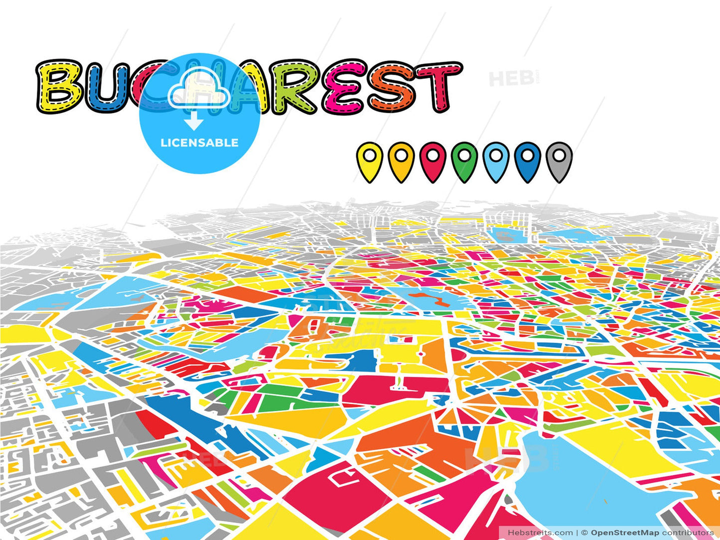 Bucharest, Romania, downtown map in perspective