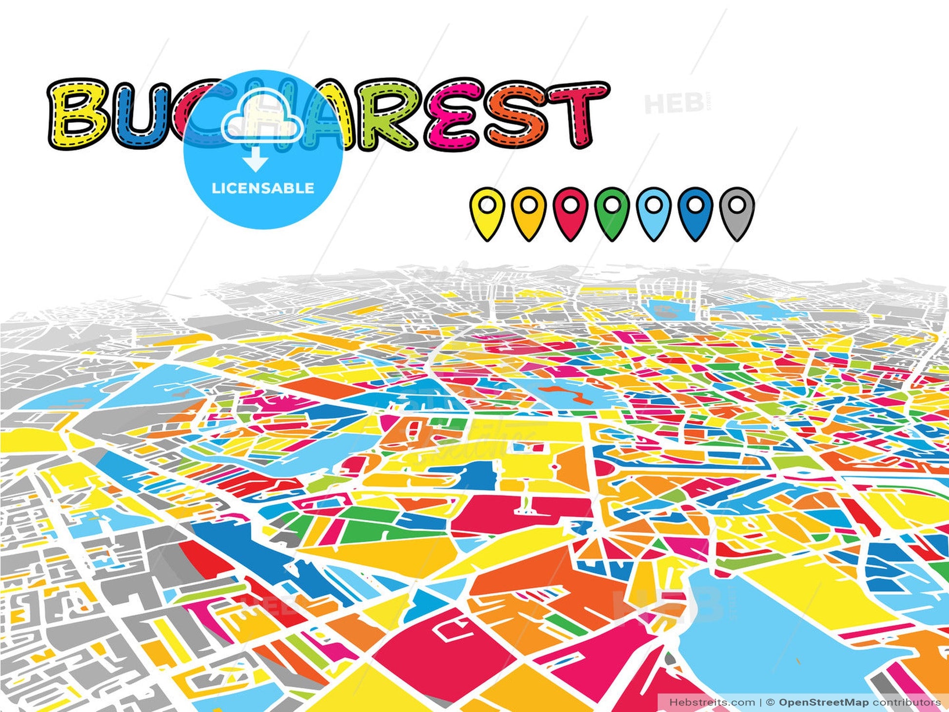 Bucharest, Romania, downtown map in perspective