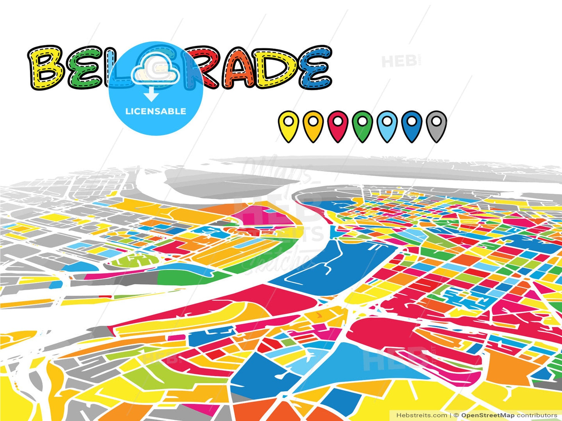 Belgrade, Serbia, downtown map in perspective