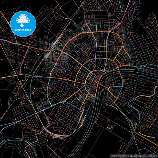 Szeged, Csongrád, Hungary, colorful city map on black background