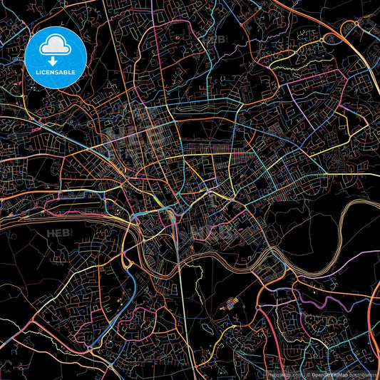 Preston, North West England, England, colorful city map on black background