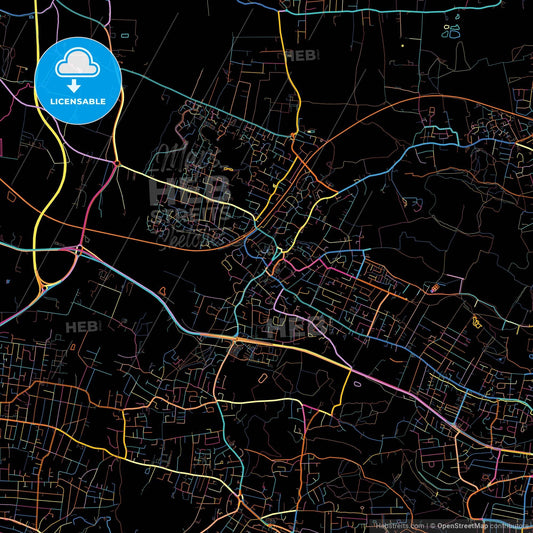 Rayleigh, East of England, England, colorful city map on black background