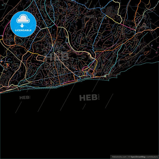 Hastings, South East England, England, colorful city map on black background