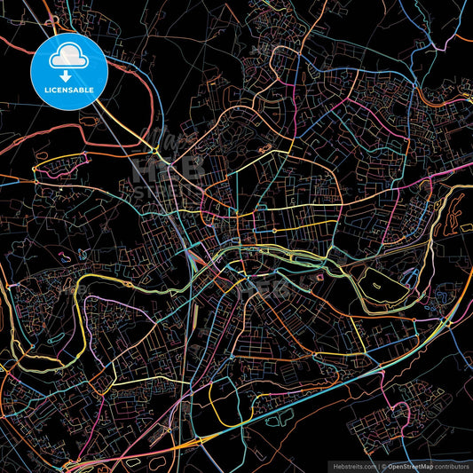 Bedford, East of England, England, colorful city map on black background