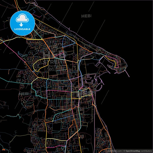 Hartlepool, North East England, England, colorful city map on black background