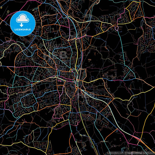 Chesterfield, East Midlands, England, colorful city map on black background