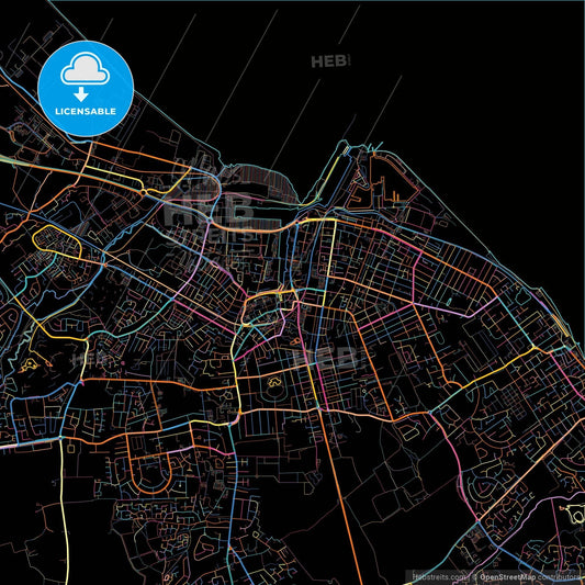 Grimsby, Yorkshire and the Humber, England, colorful city map on black background