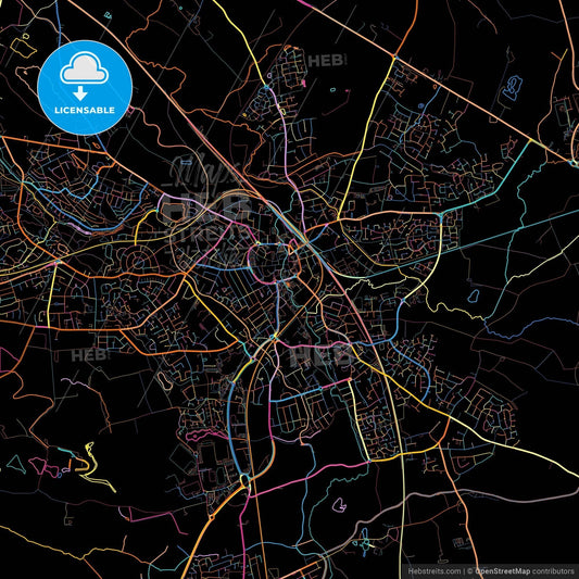 Nuneaton, West Midlands, England, colorful city map on black background