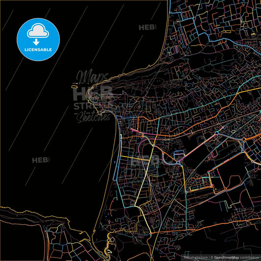 Weston-super-Mare, South West England, England, colorful city map on black background