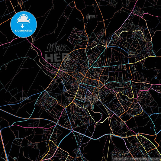 Saint Albans, East of England, England, colorful city map on black background