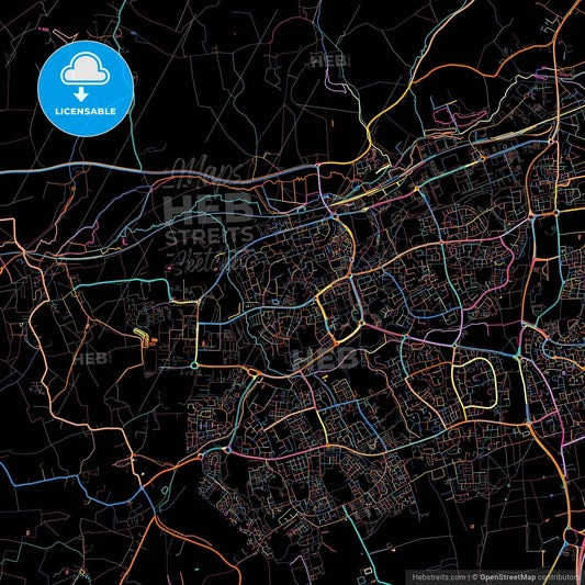 Harlow, East of England, England, colorful city map on black background