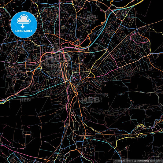 Guildford, South East England, England, colorful city map on black background