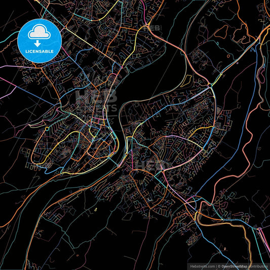 Derry, Derry, Northern Ireland, colorful city map on black background