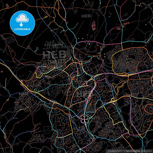 Redditch, West Midlands, England, colorful city map on black background