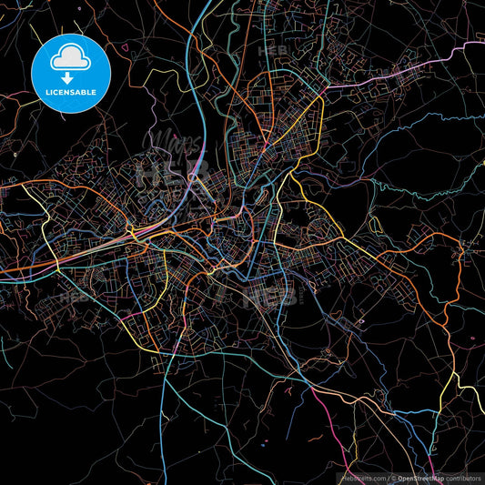 Burnley, North West England, England, colorful city map on black background