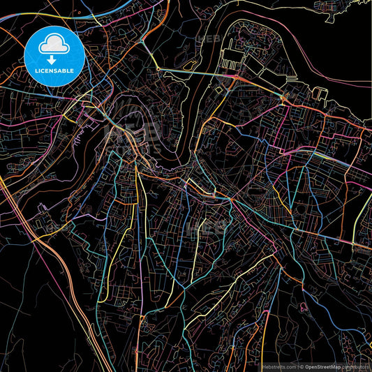 Chatham, South East England, England, colorful city map on black background