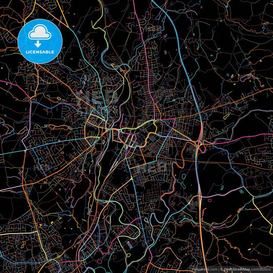 Bury, North West England, England, colorful city map on black background