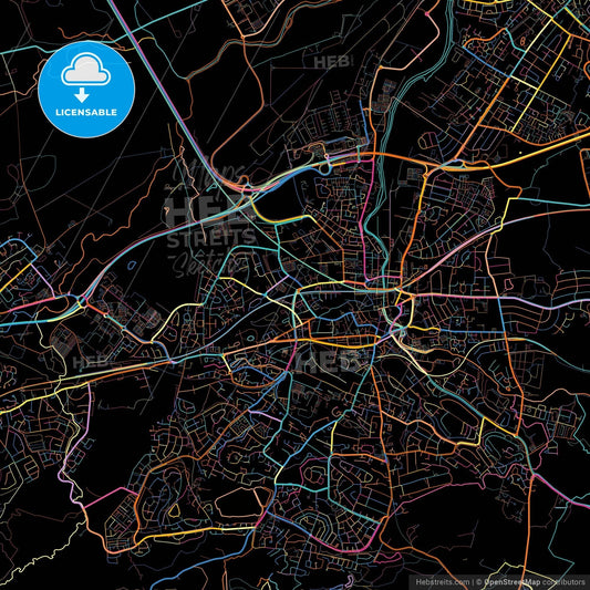 Paisley, Renfrewshire, Scotland, colorful city map on black background