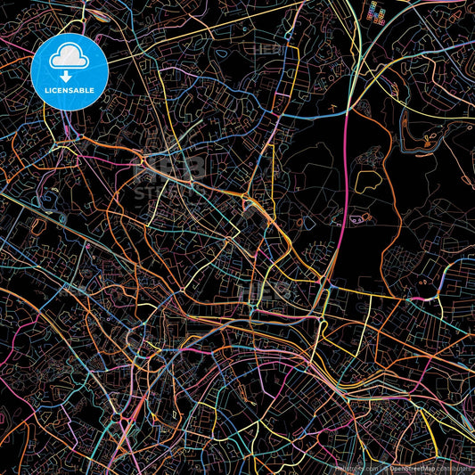 West Bromwich, West Midlands, England, colorful city map on black background