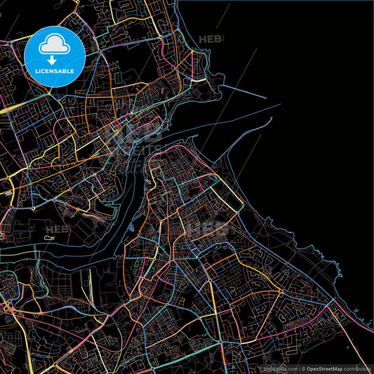 South Shields, North East England, England, colorful city map on black background