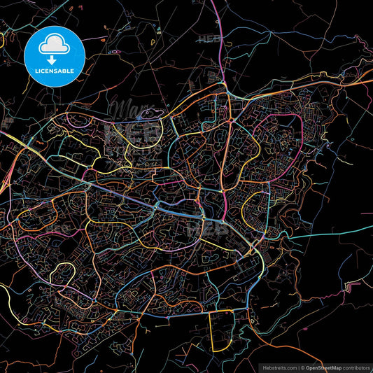 East Kilbride, South Lanarkshire, Scotland, colorful city map on black background