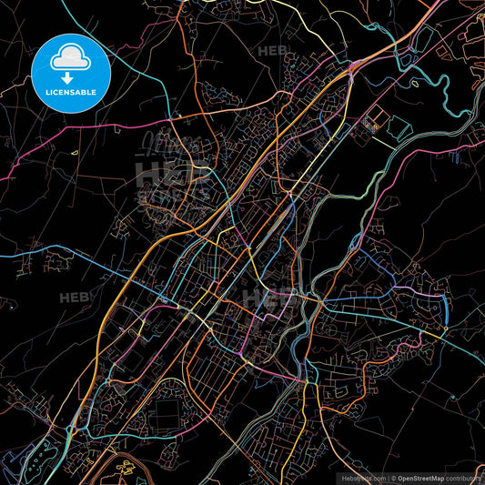 Burton-upon-Trent, West Midlands, England, colorful city map on black background
