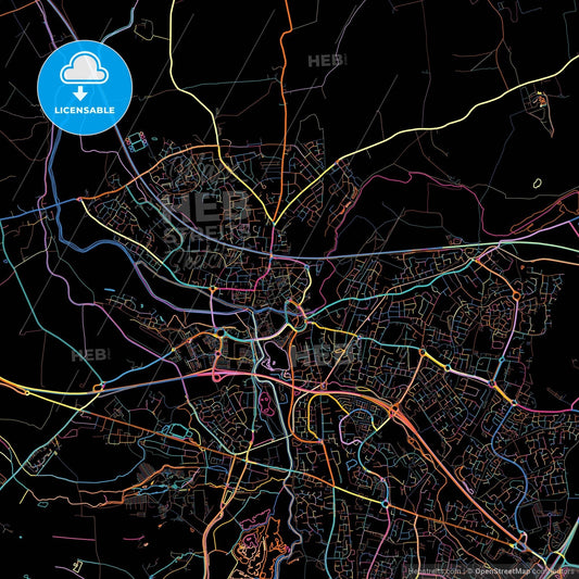Tamworth, West Midlands, England, colorful city map on black background